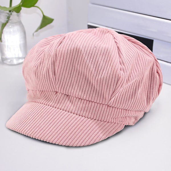 Visirkeps i Retro Brittisk Stil, 8-Panel, Kalla-Resistent Corduroy, Kvinna, Åttkantig Newsboy Cabbie Målarhatt (FMY) Light Pink