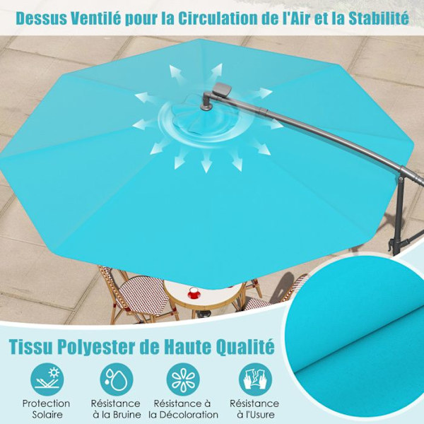 COSTWAY Parasoller med Udtræk φ300x250cm - 40 LED Krydsbase - Vinkeljustering 0 til 35 ° - Vippestang - 360° Rotation - Turkis