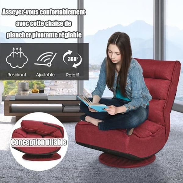 COSTWAY hopfällbar loungestol, 360° vridbar - högt ryggstöd justerbart i 5 positioner, linnetyg, för meditation, Relax Red Röd