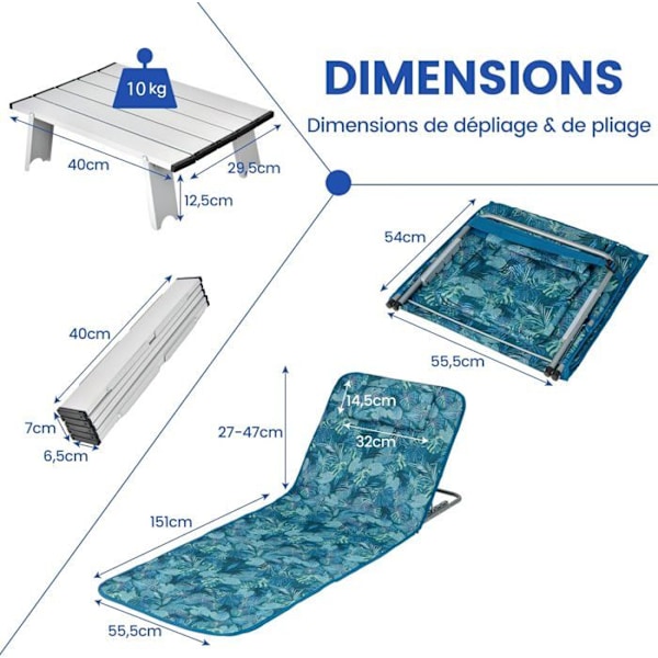 COSTWAY 2 x Foldsande Strandsækkene og Sidebord, 151 x 51,5 x 27-47 CM, Strandmåtte med Justerbar Ryg, Vandgrøn vatten grönt
