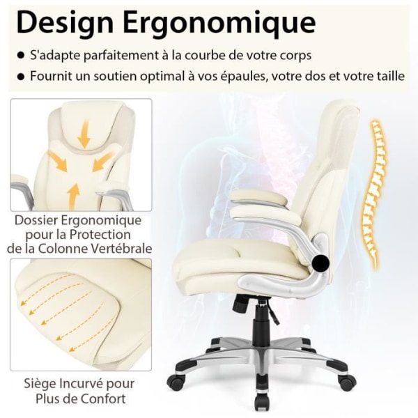 COSTWAY Ergonomisk drejelig kontorstol i PU-læder, justerbar sædehøjde 49-59 cm, max 160 kg, moderne Vit