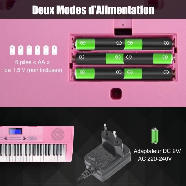 COSTWAY Bärbart elektriskt tangentbord 61 tangenter LED-skärmmikrofon, musikställ, justerbar volym/rytm 255 rytmer, 24 demo rosa