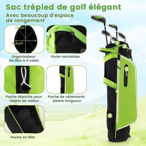 COSTWAY Golfbag Set för barn i åldrarna 11 till 13 - Regntät huva - '1' Driver, '5' Hybrid, '7', '9', 'S' Irons och Putter-Green