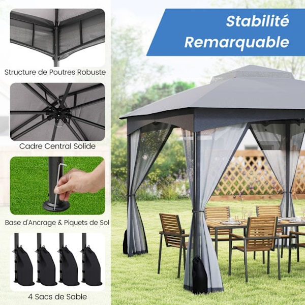 COSTWAY Havepavillon 300 x 365 cm med Netvægge - Vandtæt Gazebo med Dobbelt Tag til Terrasse Reception Grå