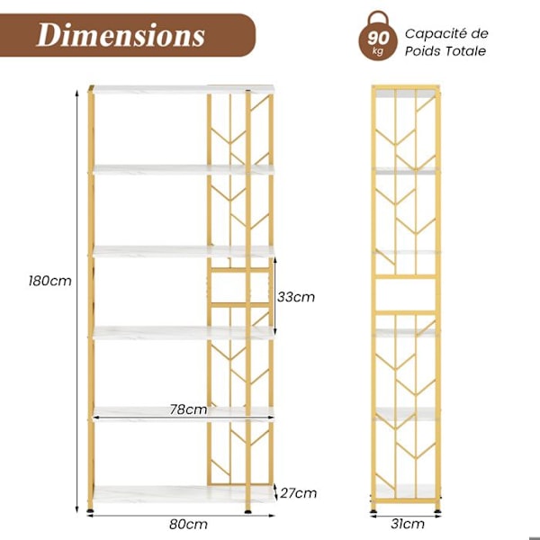 COSTWAY Geometriskt Bokhylla 180 cm med 6 Hyllor, Metallram, 2 Stödsats, för Vardagsrum Sovrum Kontor, Vit