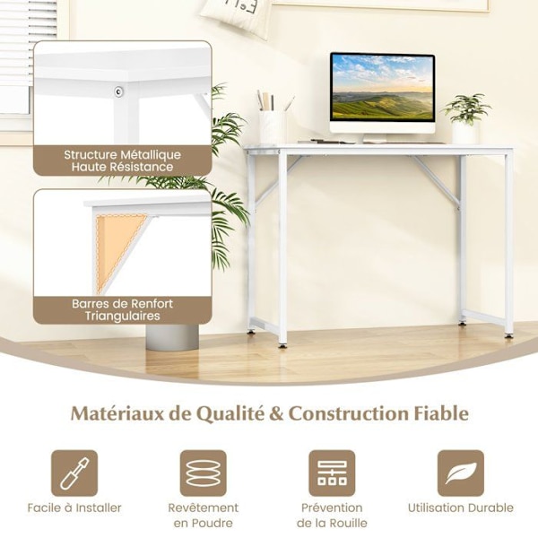 COSTWAY Enkelt datorbord med robust metallram, justerbart fotstöd, 100 x 50 x 77 cm, max 91 kg, vit Vit