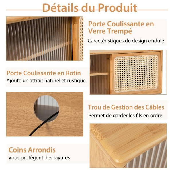 COSTWAY Bamboo TV-stativ til 55" TV med 4 rum, 4 massive træben, 2 rattan-skydedøre og hærdet glas