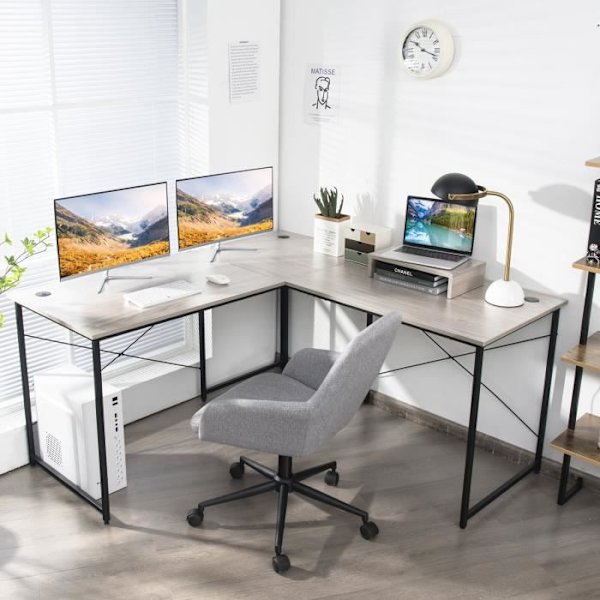 COSTWAY hjørneskrivebord - 150 x 150 x 74 CM - Justerbart til lige skrivebord, stort bord til 2 personer Grå Grå