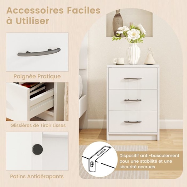 COSTWAY sengebord med 3 skuffer, 38,5 x 28 x 54 cm, sidebord til soveværelse, stue, kontor, hvid Vit