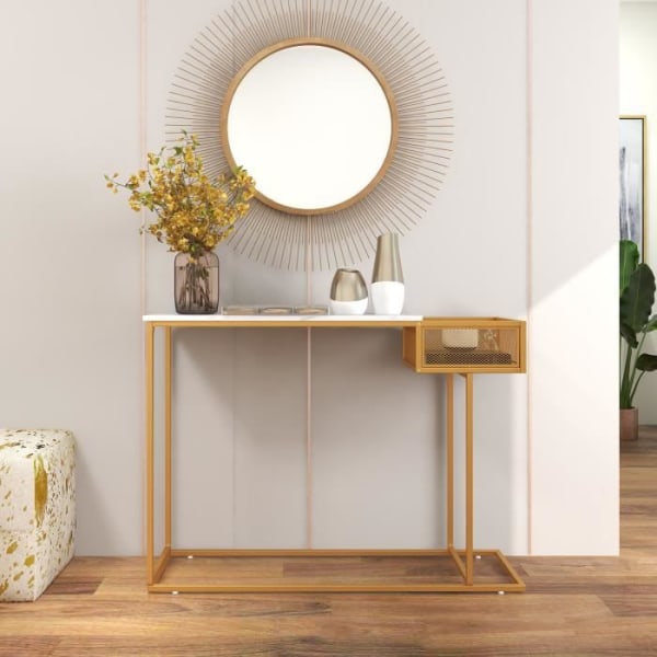 COSTWAY konsolbord, marmoreffekt - 110 x 30 x 80 cm (L x B x H), hallmöbler i skandinavisk stil, metallstomme i guld