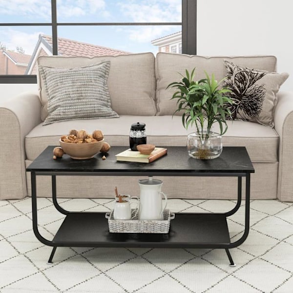 COSTWAY Sofabord med 2 niveauer og marmorlook, 105x55x46,5 CM, moderne rektangulært metalbord i sort