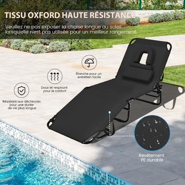 COSTWAY 5-positions justerbar foldbar loungestol - nakkestøtte og ansigtshule, til terrasse, camping, 160 kg, sort Svart