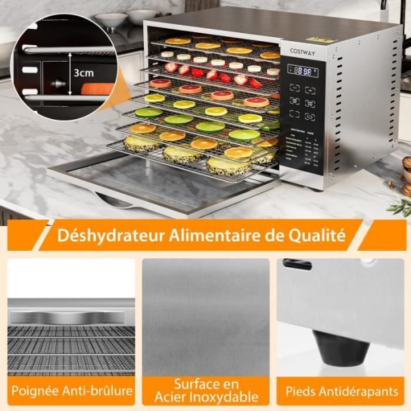 COSTWAY Food Dehydrator 8 brickor 620W BPA-fri 35-70°C 24H Timer Uppvärmning och UV-desinfektion Dörr i härdat glas