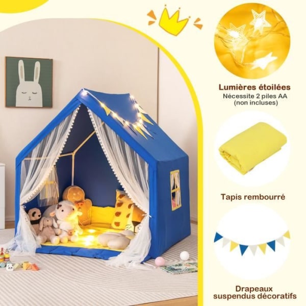 COSTWAY Kids Play Tält med Star Lights och tvättbar bomullsmatta - blå