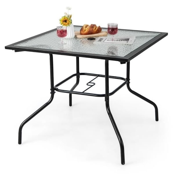 COSTWAY Firkantet havebord i hærdet glas - 38 mm parasolhul til 4 personer - sidebord til terrasse, pool, balkon Svart
