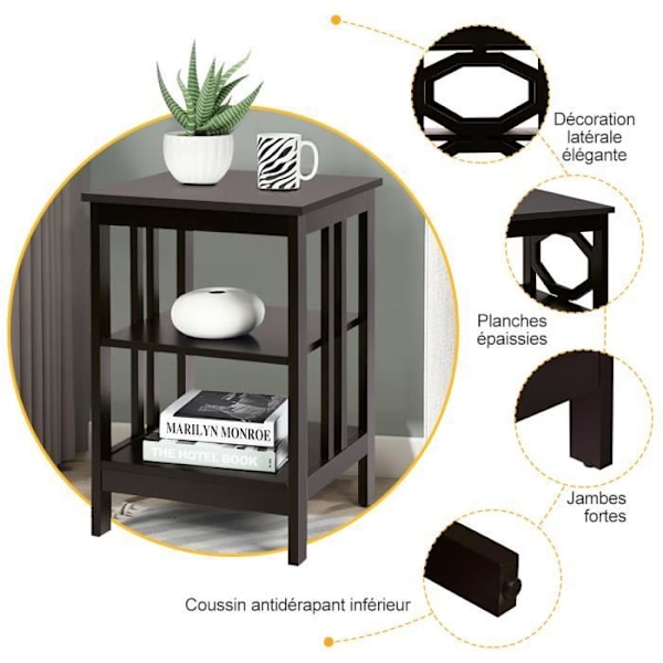 COSTWAY 3-vånings sängbord, enkelt och modernt sidobord, för sovrum, vardagsrum 40 x 40 x 61 cm, kaffe Kaffe