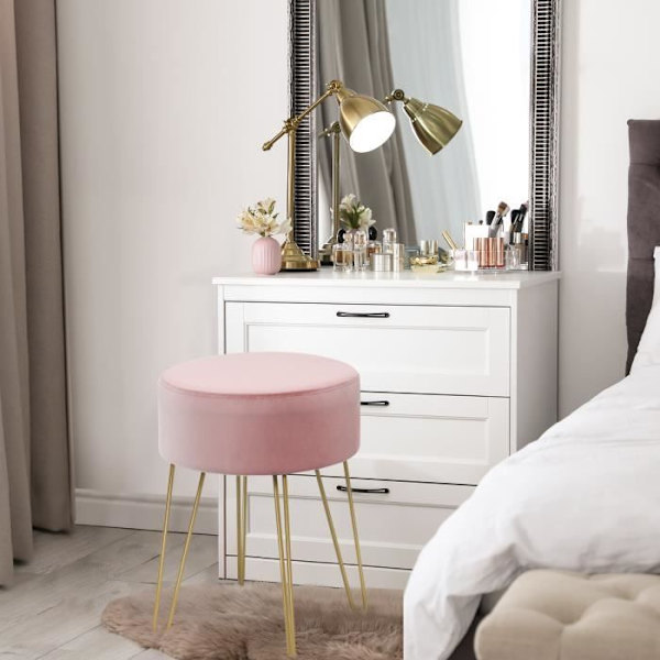 COSTWAY sittpuff rund pall Ø39cm, i sammet med robusta metallben, perfekt för vardagsrum eller sovrum Rosa