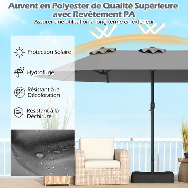 Parasol Dobbelt til Haven 470x285cm Rektangulær - COSTWAY - Eft. Base og 2 Sandposer inkluderet - 12 Robuste Ribber - Terrasse - Grå