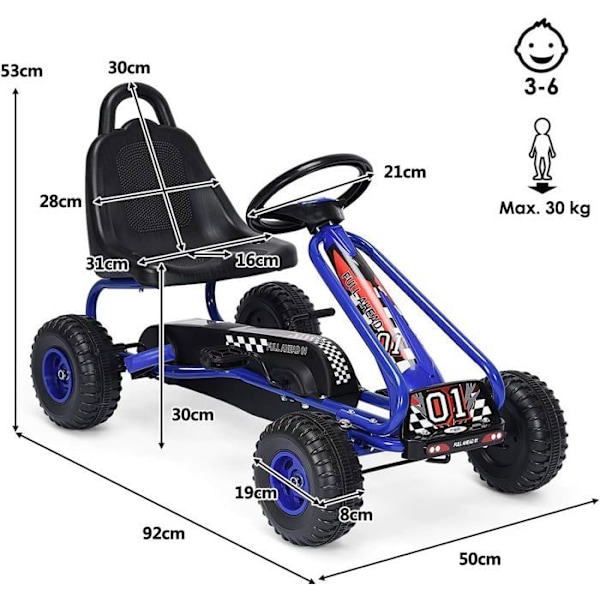 COSTWAY Go Kart børnecykel og køretøj justerbart sæde med håndbremse til udendørs, 3-6 år blå Blå
