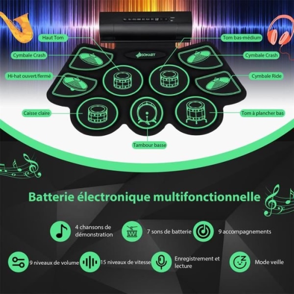 COSTWAY bärbart elektroniskt trumset, 9 pads, MIDI-funktion, 2 stereohögtalare, 2 pedaler, 2 trumpinnar, 7 rytmer, 4 delar, grön