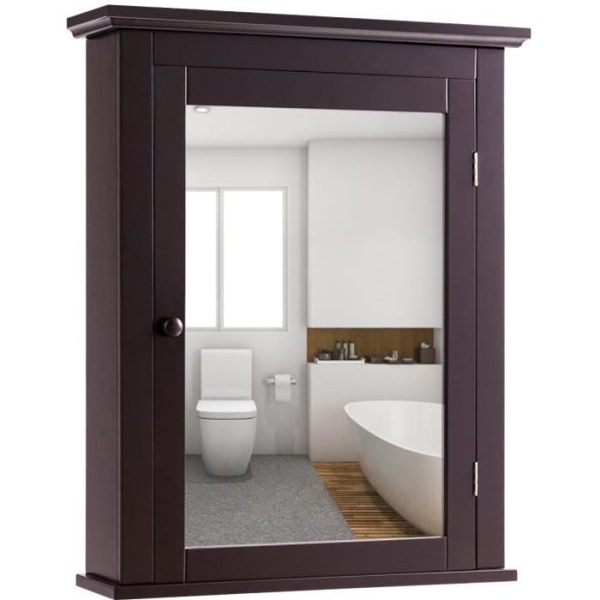 COSTWAY Väggmonterat badrumsskåp med spegel och 2 hyllplan, ställbar hylla med 5 nivåer, 56 x 15 x 69,5 cm, brun