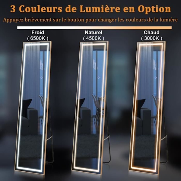 COSTWAY Fritstående vægmonteret spejl - 3 farve LED-lys, Smart Touch, Aluminiumsramme, Eksplosionssikkert glas - 37x155CM-Guld