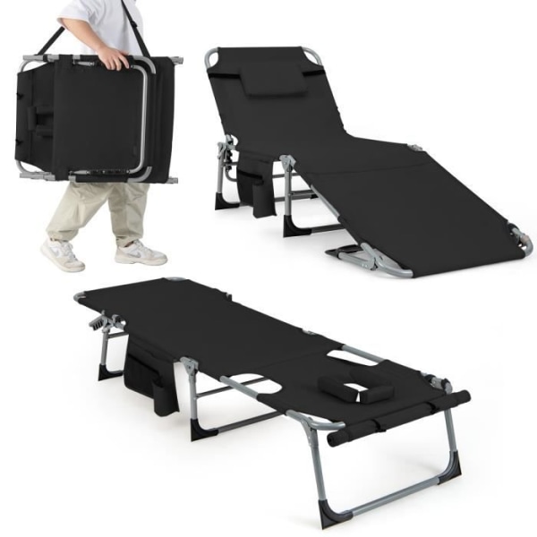 COSTWAY Foldbar Loungestol med aftagelig pude og ansigtshule, 5-positions justerbart ryglæn, 150 kg, sort Svart