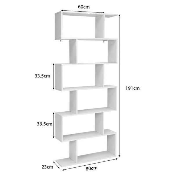 COSTWAY 6-lags reol, 80 x 23 x 191 CM, S-formet opbevaringshylde med skridsikre puder, hvid