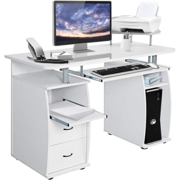 COSTWAY computerbord med printeropbevaring, 2 skuffer, skydetastatur, hvidt computerbord Vit