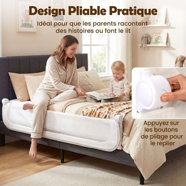 3-pack Fällbara Sänggränser - COSTWAY - Höjdjusterbar, 198cm + 178cm, Tvättbart Oxford-överdrag, Y-rem, Stabil U-bas, Vit
