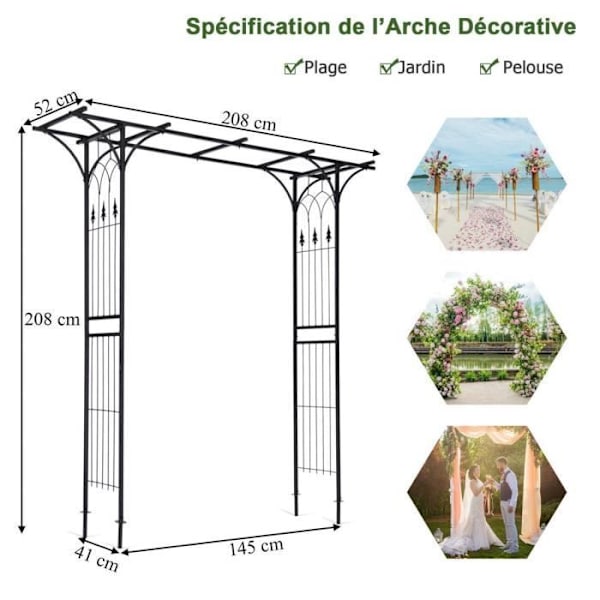 COSTWAY Metal Garden Bröllopsbåge för klätterväxter 208 x 52 x 208 cm Pulverlackerad gör-det-själv-dekorationer Uteplats, Ceremoni
