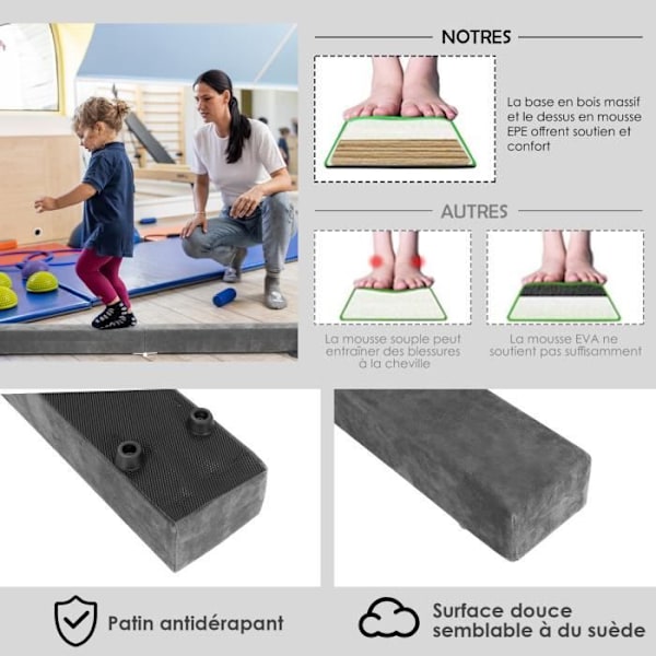 COSTWAY hopfällbar gymnastikbalk 210 cm för barn med bärhandtag 4 halkskydd Grå mockaöverdrag