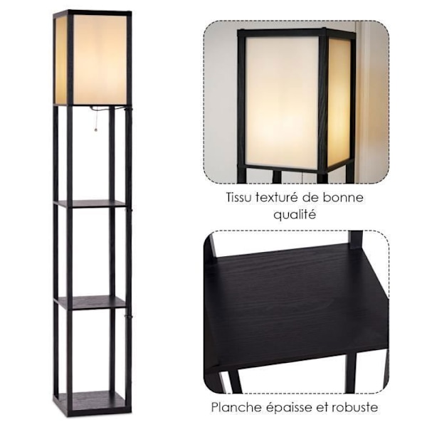 COSTWAY Vardagsrumsgolvlampa med 3 förvaringshyllor i trä 26 x 26 x 160 cm Scandinavian Design Stålampa för sovrum 60W Vit