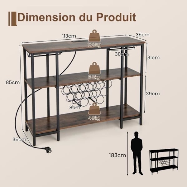 COSTWAY vinstativ til 15 flasker - integreret ladestation, glasholder - industriel flaskeholder - brun