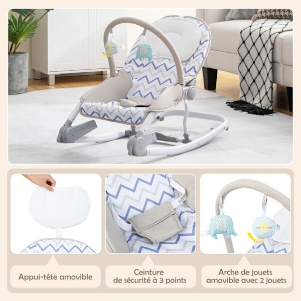 COSTWAY 2 i 1 Baby Bouncer-3 Position Ryggstödsfast sits/avtagbart tvättbart tyg Rocker-Toy Arch-0 till 6 månader 9 kg-Grå