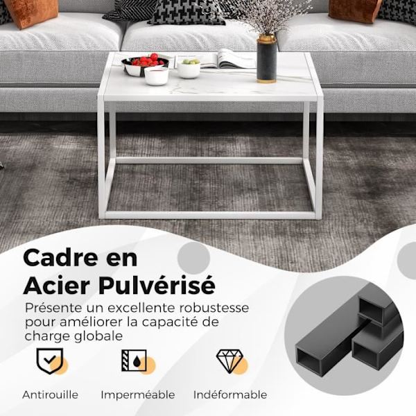 COSTWAY Modernt fyrkantigt soffbord, 70 x 70 x 40 CM, med bordsskiva i konstmarmor, vit stålstomme