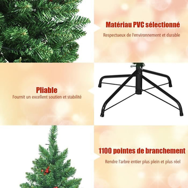 200 cm COSTWAY lysande julgran - 450 LED-lampor, 11 lägen - Kotter och röda bär - 1100 nålgrenar - Metallstöd Grön