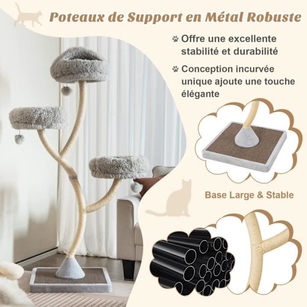 COSTWAY Cat Tree 178CM med 3 hängande bollar, 3 sittpinnar, Sisal skrapstolpe, Cat Tower med böjd metallram, Grå