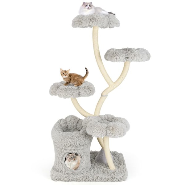 COSTWAY Multi-niveau Katte træ 165 CM, 4 Polstrede Platforme, Sisal Kradsetræ, 2-i-1 Condo Privat Niche, Grå Grå