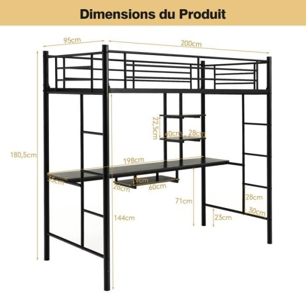 COSTWAY loftsäng i metall med skrivbord, 90 x 190 CM, med 2 hyllor, 2 stegar, fullängdsräcke, svart Svart