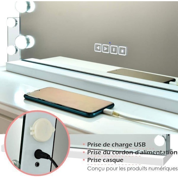 COSTWAY Hollywood Makeup Mirror LED Touch Control -valaistus, 10X suurennus, Bluetooth-kaiutin, 3 väriä säädettävä