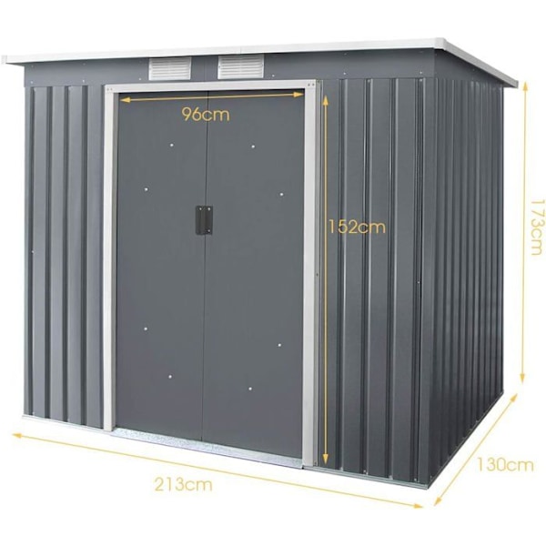 COSTWAY Trädgårdsredskap 2,76㎡ i galvaniserad stål - 2 skjutdörrar - Grundsats ingår 213 x 130 x 173 CM Stuga Grå Grå