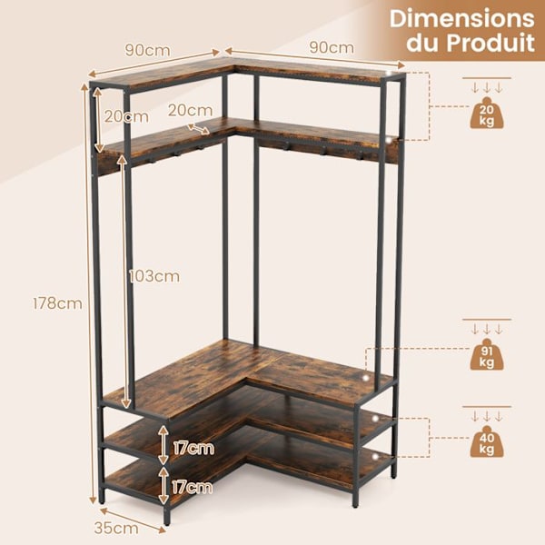 COSTWAY Hjørne Frakkestativ-2 øverste hylder-7 kroge-3 Skobænk-90 x 90 x 178 cm-Anti-Tip Kit-Brun Rustik brun