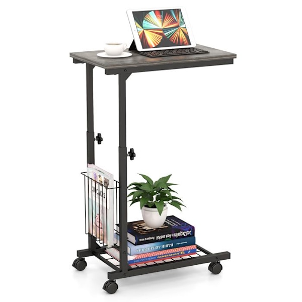 COSTWAY Skrivbord i C-form, Höjdjusterbar 58-80 cm, med Förvaringskorg, för Bärbar Dator, Grå