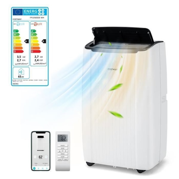 COSTWAY mobilt klimaanlæg 12000BTU 3,5kW R290-6 i 1 varmelegeme, affugter, Standby-WiFi, APP-forsinket start-planlagt nedlukning Vit