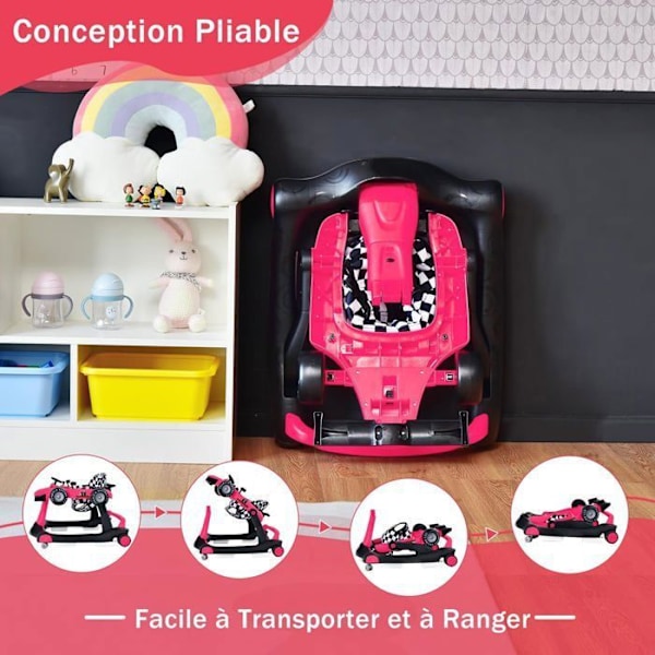 COSTWAY Foldable Musical Baby Walker 4 i 1 Push Car Utseende Justerbar höjd och hastighet Lätt ratt Rosa Röd rosa och rött