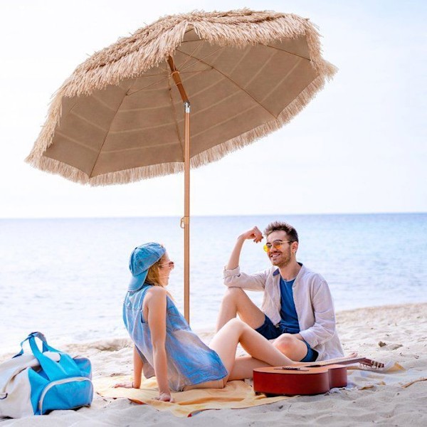 COSTWAY Hawaiian Tilting Beach Paraply - Ø220 x H213,5 cm - 7-lagers PP halmtak - 8 ribbor - 30° justerbar Naturlig
