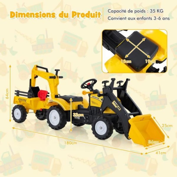 COSTWAY 3 i 1-traktor för barn med 6 hjul, grävmaskinleksak, avtagbar släpvagn, med ratt, horn, 3 till 6 år, gul