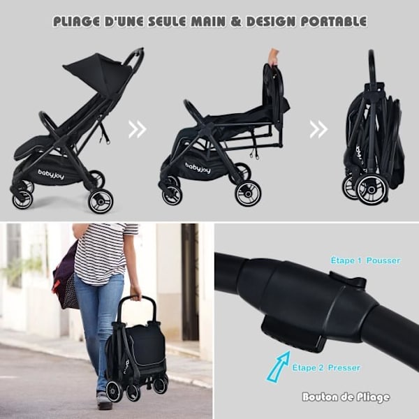 Kompakt Barnvagn COSTWAY - Fällbar med Gravitetsveck - Enhandsgrepp - Lutande Ryggstöd - Justerbart Solskydd och Fotstöd - 0-36 Månader - 15KG - Svart Svart