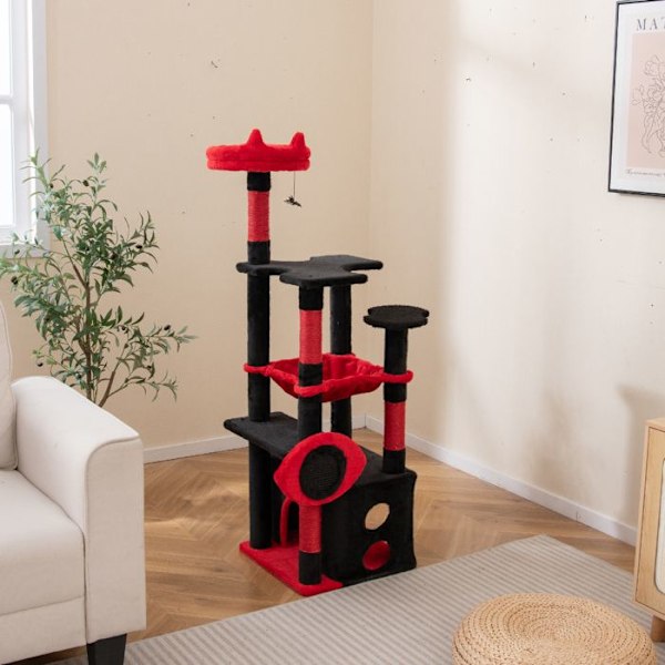 COSTWAY Multi-Level Kattemøbel 133 cm, Plysj Perche, Spille Legetøj i Form af Edderkop, Kradsetræ, Hammock, Platforme Svart och röd